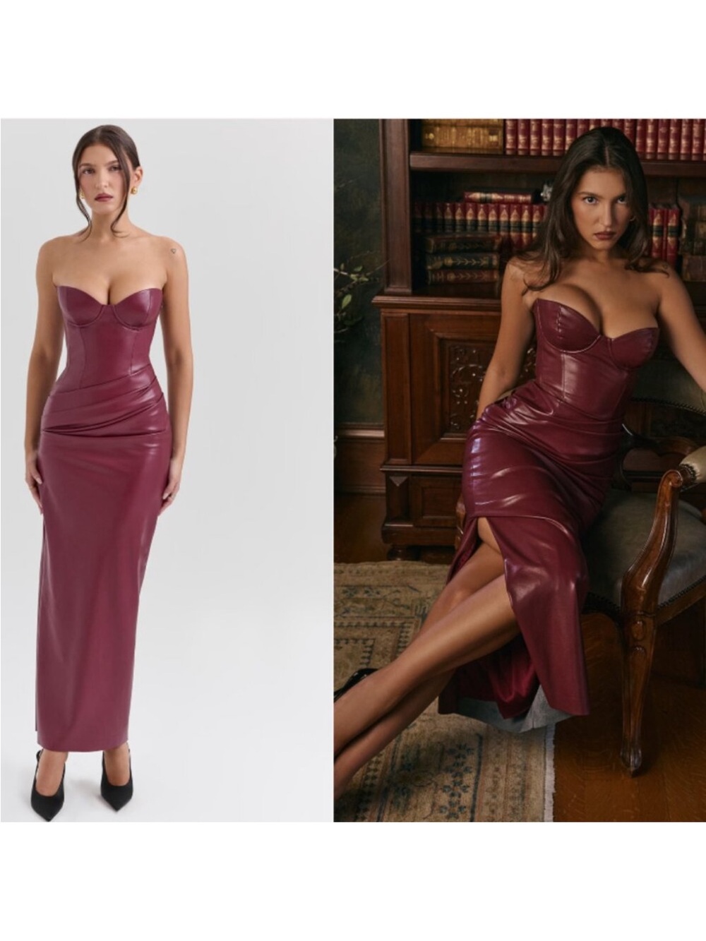 House of CB Strapless Burgundy Faux-Leather Maxi Dress